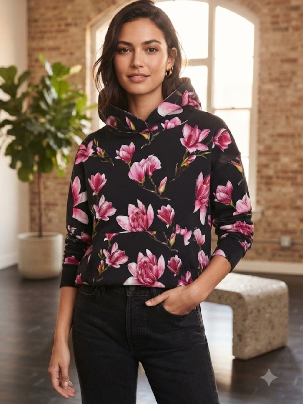 Black Floral Magnolia Pullover Hoodie with Pink Blooms